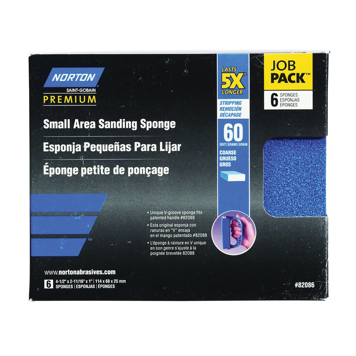 NORTON ProSand 82086 Sanding Sponge, 4-1/2 in L, 2-11/16 in W, 60 Grit, Coarse, Aluminum Oxide Abrasive
