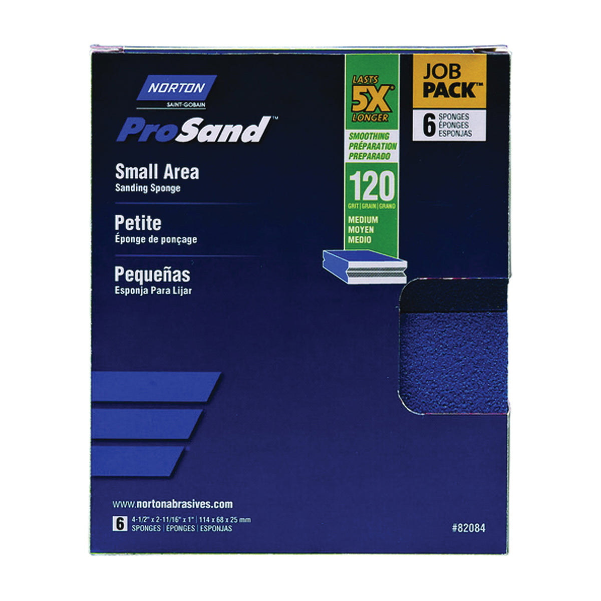 NORTON ProSand 82084 Sanding Sponge, 4-1/2 in L, 2-11/16 in W, 120 Grit, Medium, Aluminum Oxide Abrasive