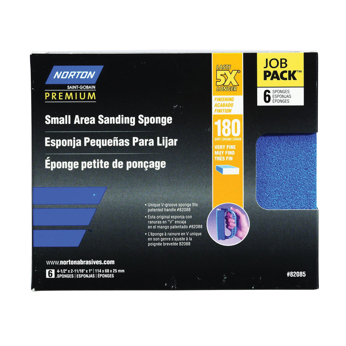 NORTON ProSand 82085 Sanding Sponge, 4-1/2 in L, 2-11/16 in W, 180 Grit, Fine, Aluminum Oxide Abrasive