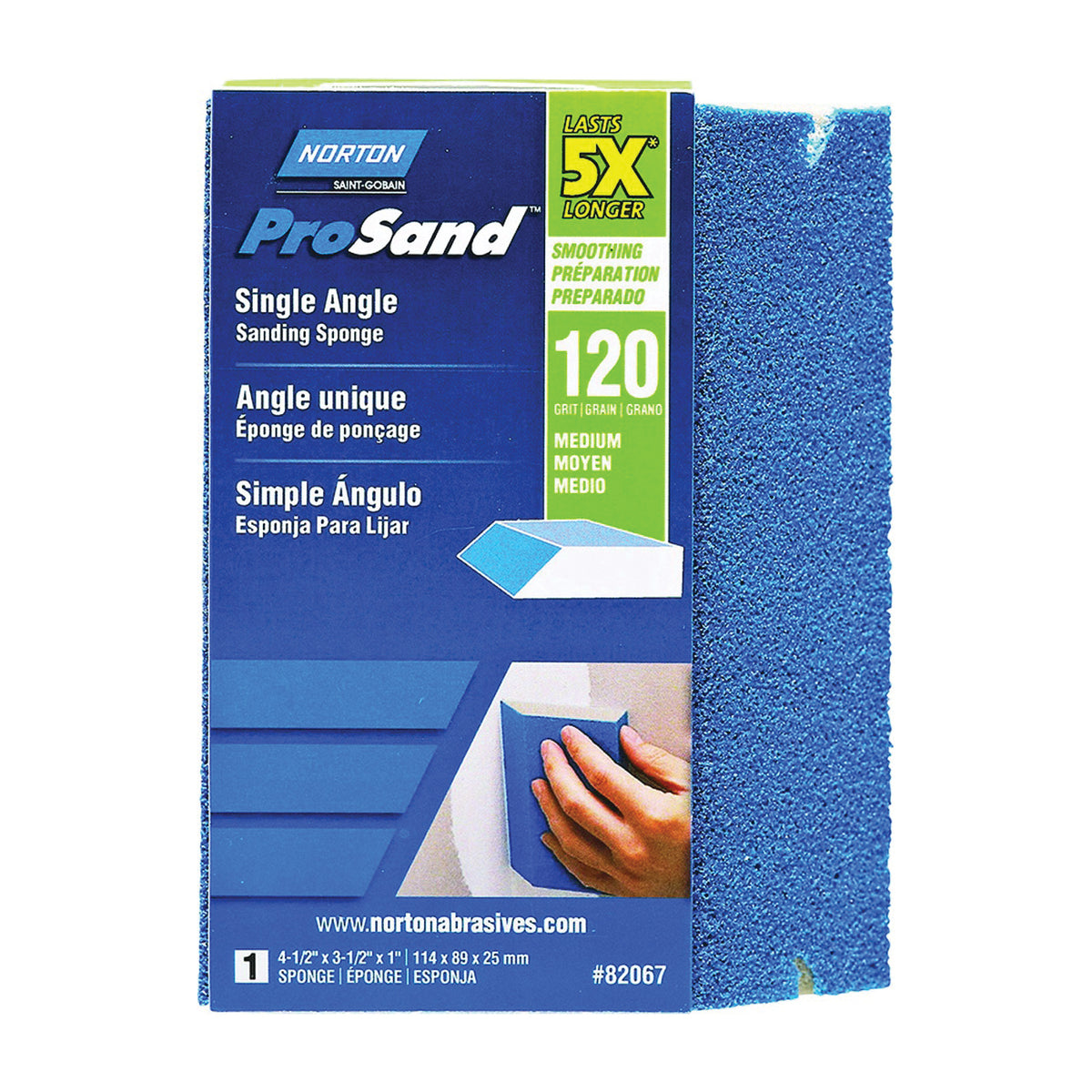 NORTON ProSand 82067 Sanding Sponge, 4-1/2 in L, 3-1/2 in W, 120 Grit, Medium, Aluminum Oxide Abrasive