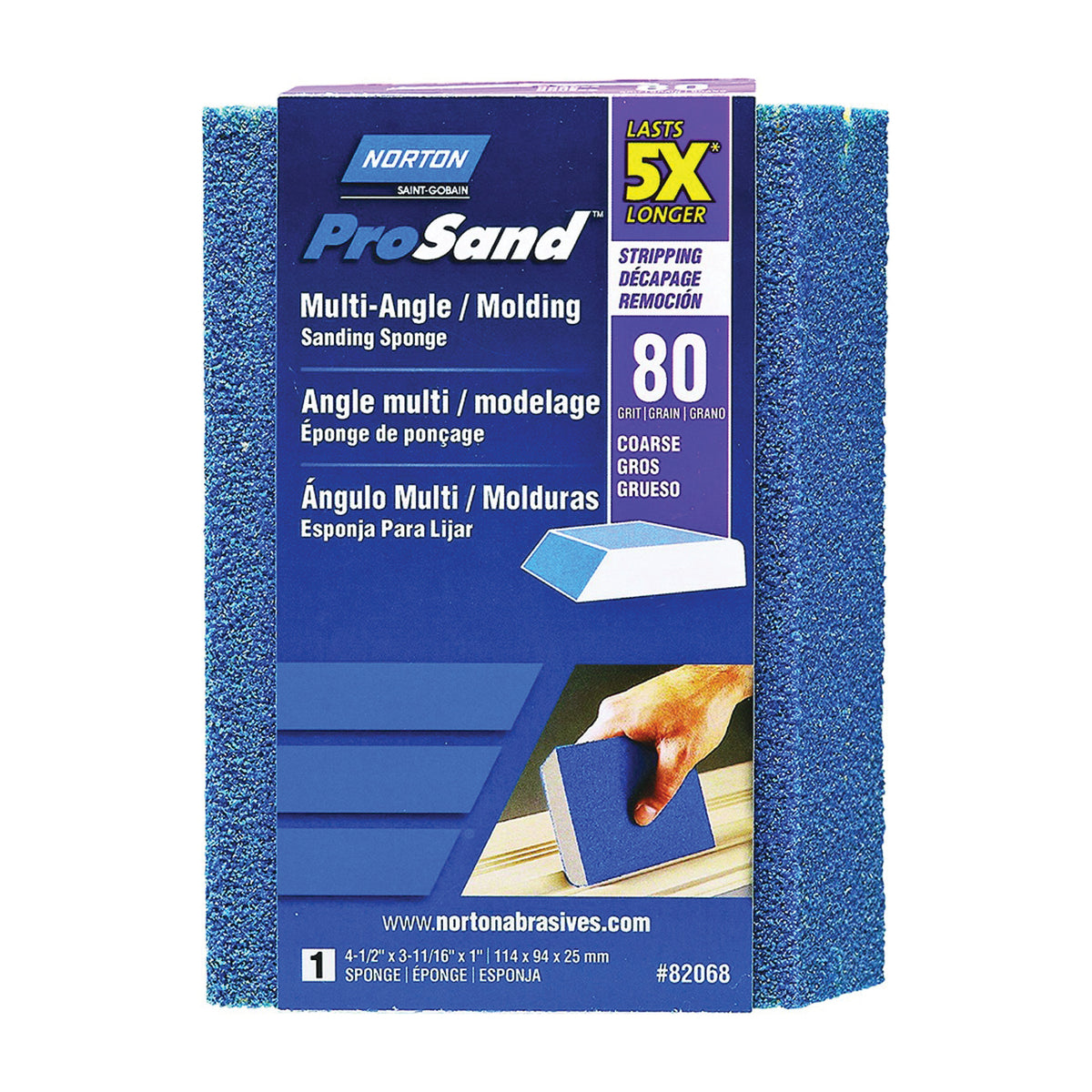 NORTON ProSand 82068 Sanding Sponge, 4-1/2 in L, 3-11/16 in W, 80 Grit, Coarse, Aluminum Oxide Abrasive