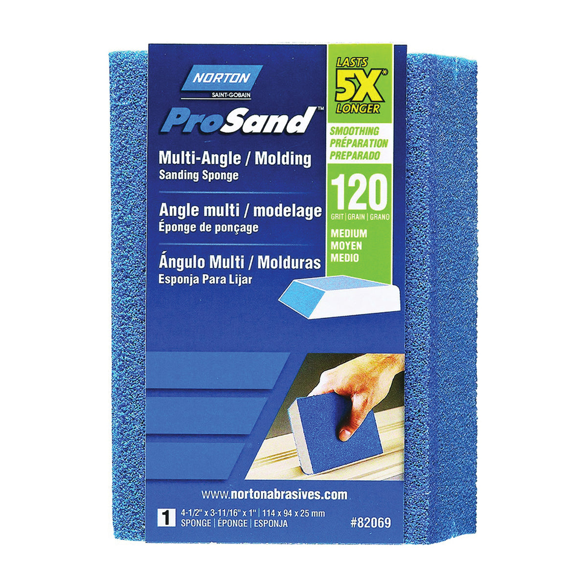 NORTON ProSand 82069 Sanding Sponge, 4-1/2 in L, 3-11/16 in W, 120 Grit, Medium, Aluminum Oxide Abrasive