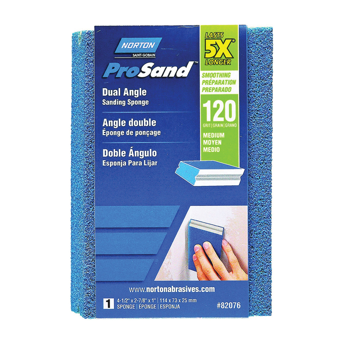 NORTON ProSand 82076 Sanding Sponge, 4-1/2 in L, 2-7/8 in W, 120 Grit, Medium, Aluminum Oxide Abrasive