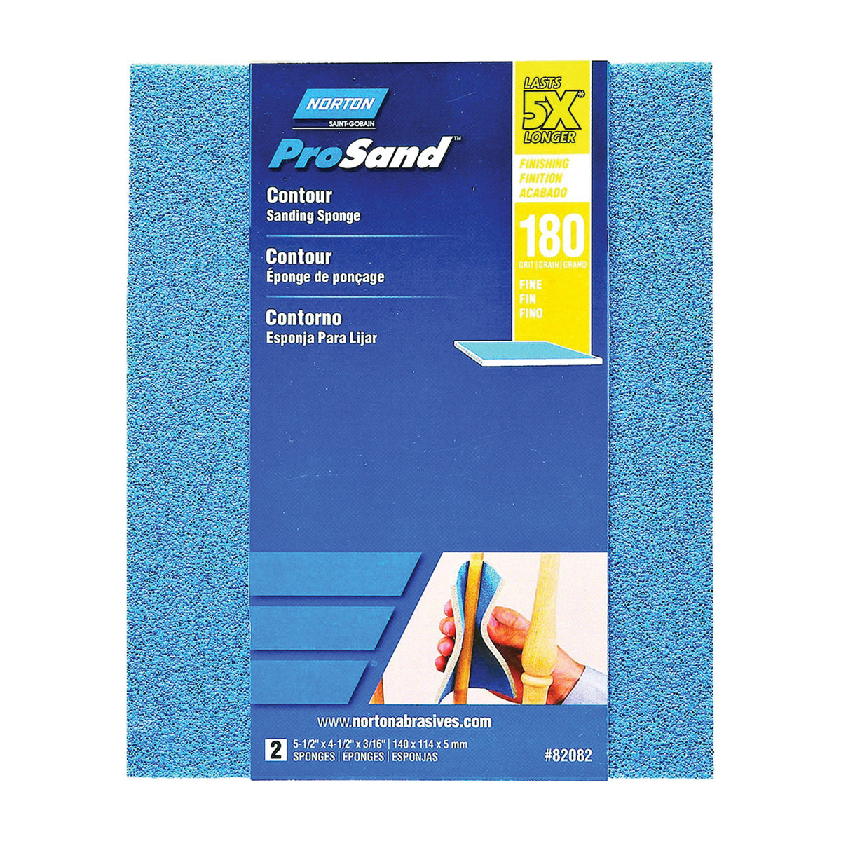 NORTON ProSand 82082 Sanding Sponge, 5-1/2 in L, 4-1/2 in W, 180 Grit, Fine, Aluminum Oxide Abrasive