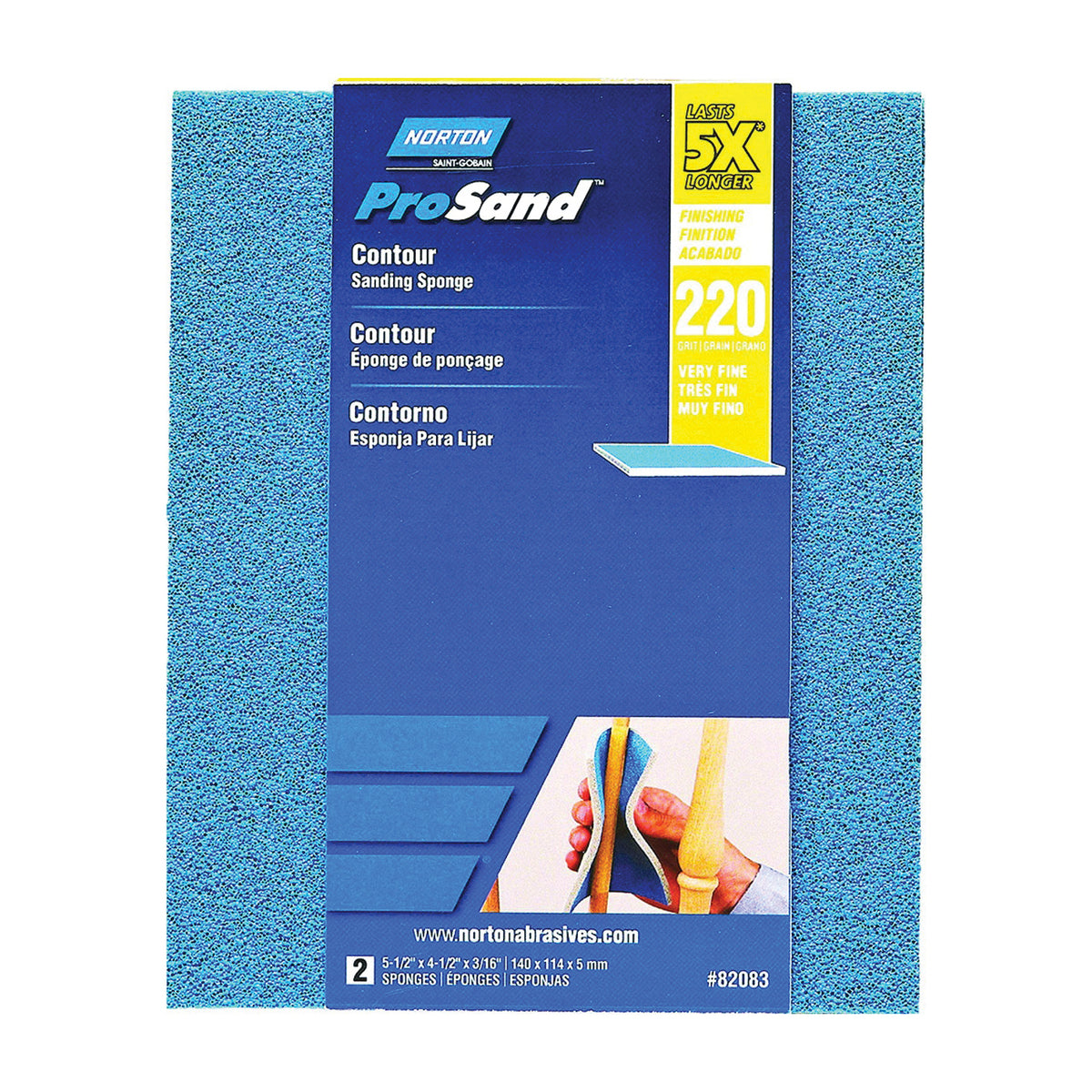 NORTON ProSand 82083 Sanding Sponge, 5-1/2 in L, 4-1/2 in W, 220 Grit, Very Fine, Aluminum Oxide Abrasive