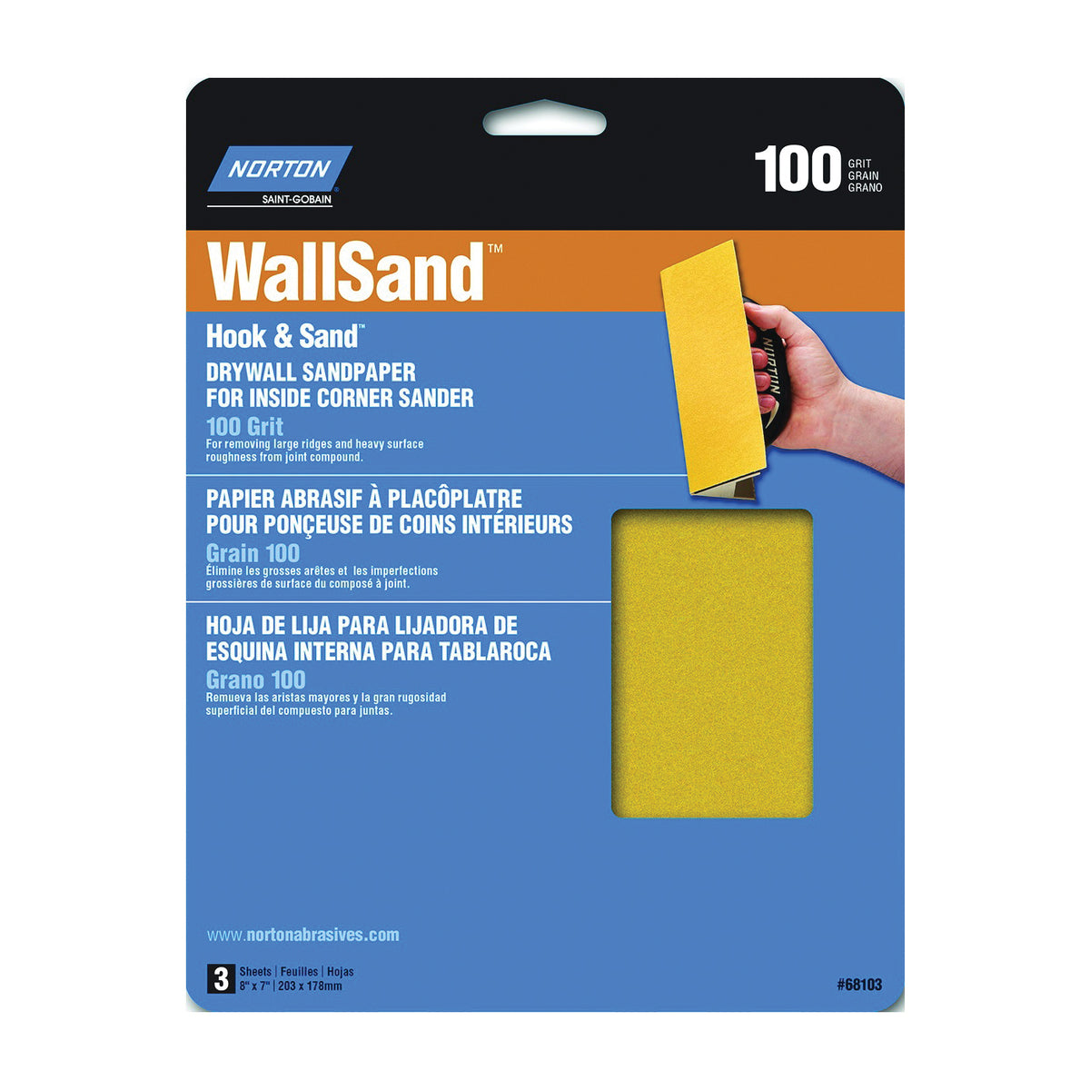 NORTON 68103 Corner Sandpaper, 8 in L, 7 in W, P100 Grit, Medium, Aluminum Oxide Abrasive