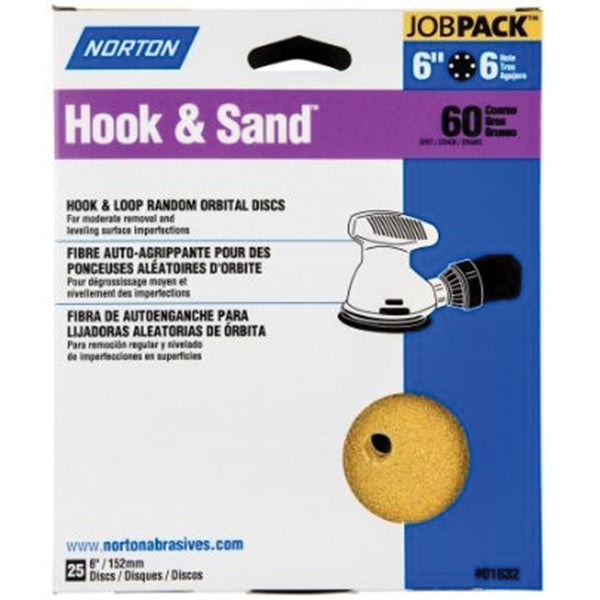 NORTON Hook &amp; Sand 07660701632 Vacuum Disc, 6 in Dia, P60 Grit, Coarse, Aluminum Oxide Abrasive, Paper Backing