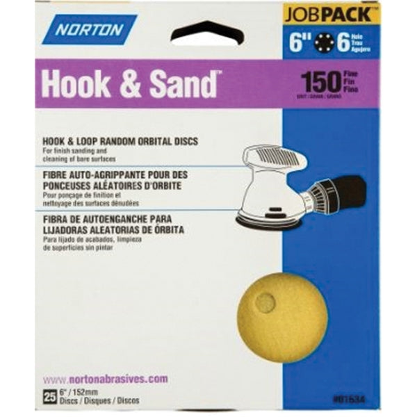 NORTON Hook &amp; Sand 07660701634 Vacuum Disc, 6 in Dia, P150 Grit, Fine, Aluminum Oxide Abrasive, Paper Backing