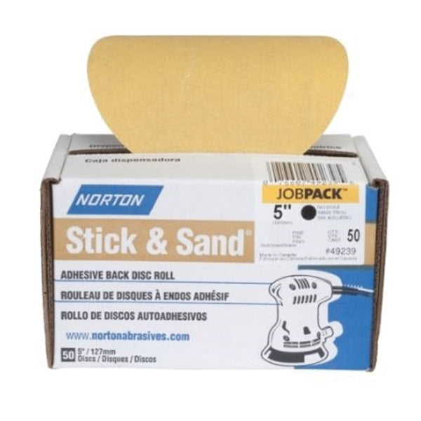 NORTON Stick &amp; Sand 07660749232 Disc Roll, 5 in Dia, Coated, P220 Grit, Very Fine, Aluminum Oxide Abrasive