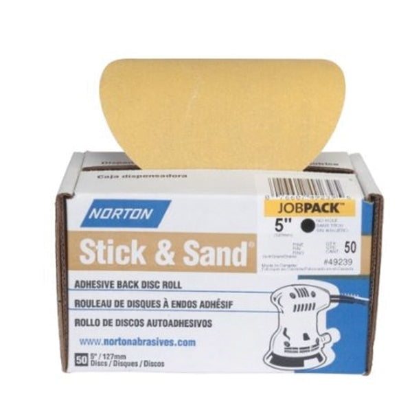 NORTON Stick &amp; Sand 07660749237 Disc Roll, 5 in Dia, Coated, P60 Grit, Coarse, Aluminum Oxide Abrasive, No-Hole