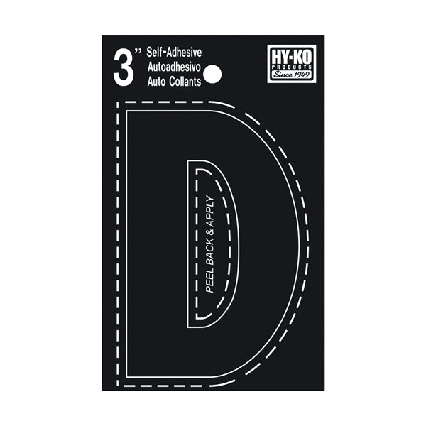 HY-KO 30400 Series 30414 Die-Cut Letter, Character: D, 3 in H Character, Black Character, Vinyl