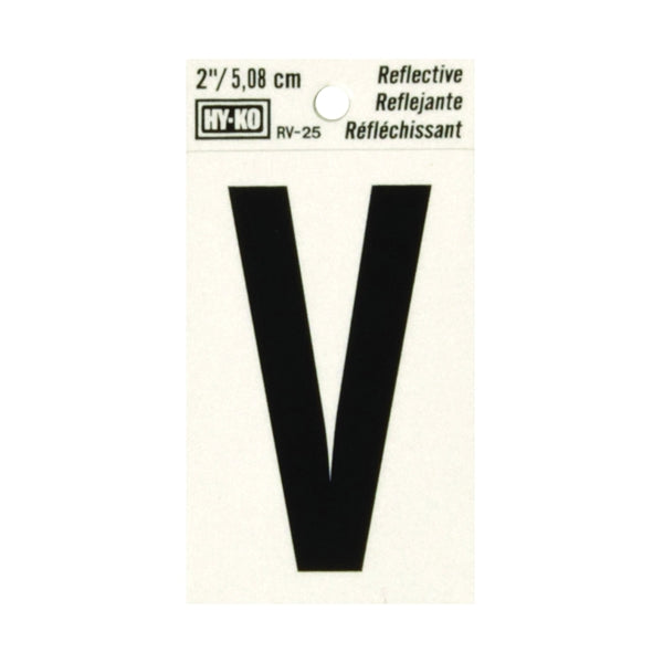 HY-KO RV-25/V Reflective Letter, Character: V, 2 in H Character, Black Character, Silver Background, Vinyl