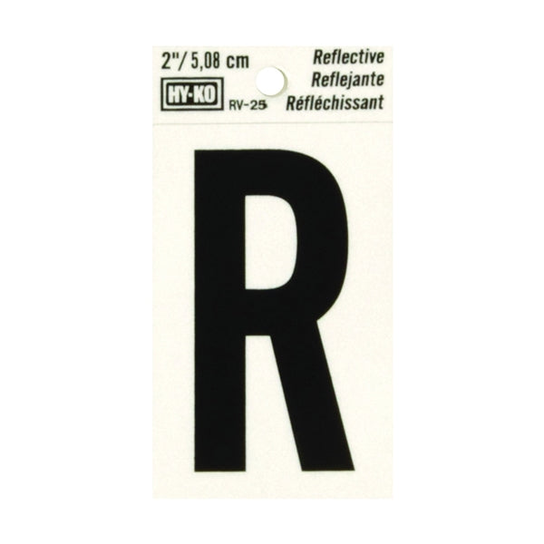 HY-KO RV-25/R Reflective Letter, Character: R, 2 in H Character, Black Character, Silver Background, Vinyl
