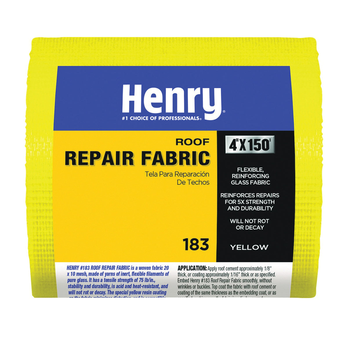 Henry 183 Series HE183195 Roof Repair Fabric, 150 ft L, 4 in W, Fiberglass, Yellow