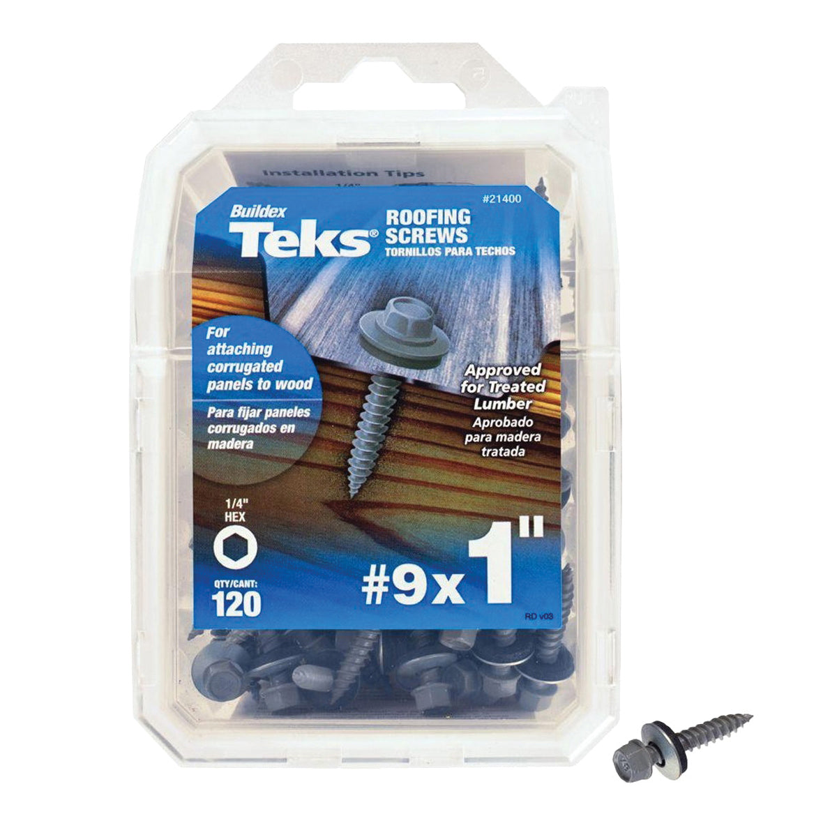 Teks 21400 Roofing Screw, #9 Thread, Fine Thread, Hex Drive, Sharp Point, Steel, Zinc