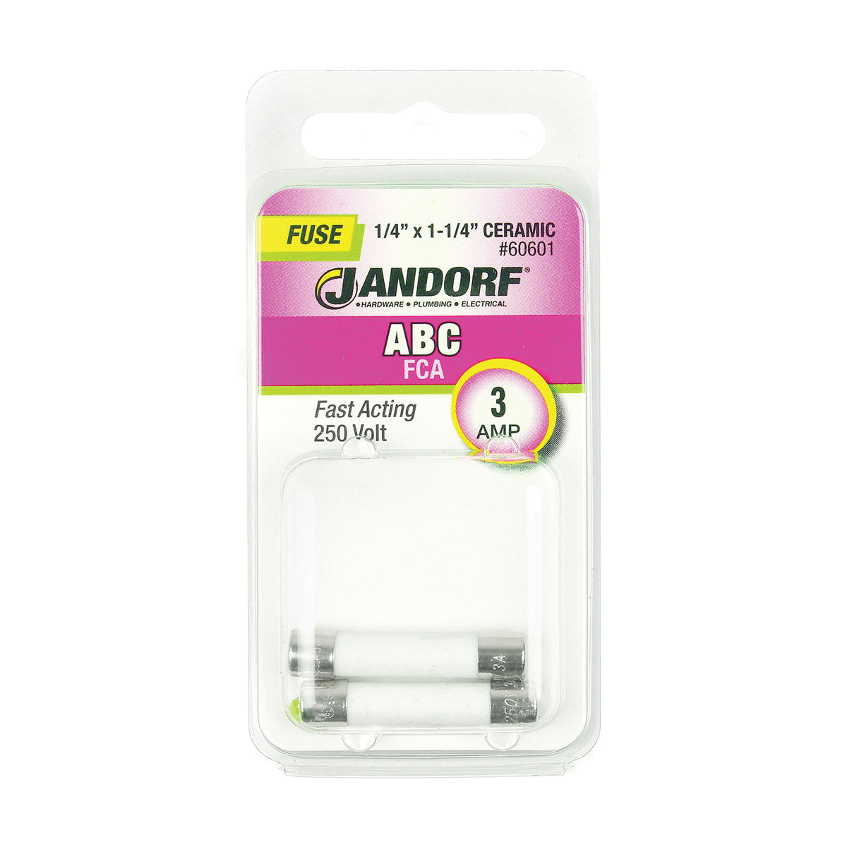 Jandorf 60601 Fast Acting Fuse, 3 A, 250 V, 100 A, 10 kA Interrupt, Ceramic Body