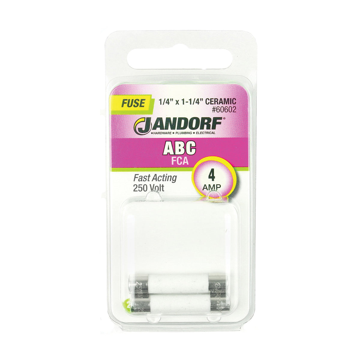Jandorf 60602 Fast Acting Fuse, 4 A, 250 V, 200 A, 10 kA Interrupt, Ceramic Body