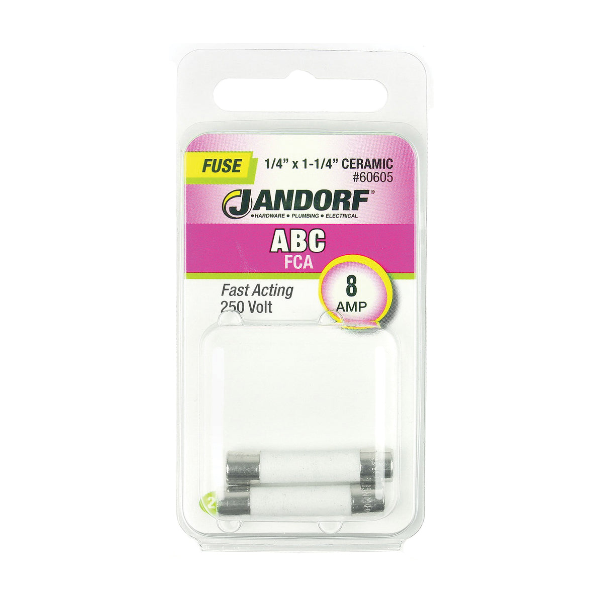 Jandorf 60605 Fast Acting Fuse, 8 A, 250 V, 200 A, 10 kA Interrupt, Ceramic Body