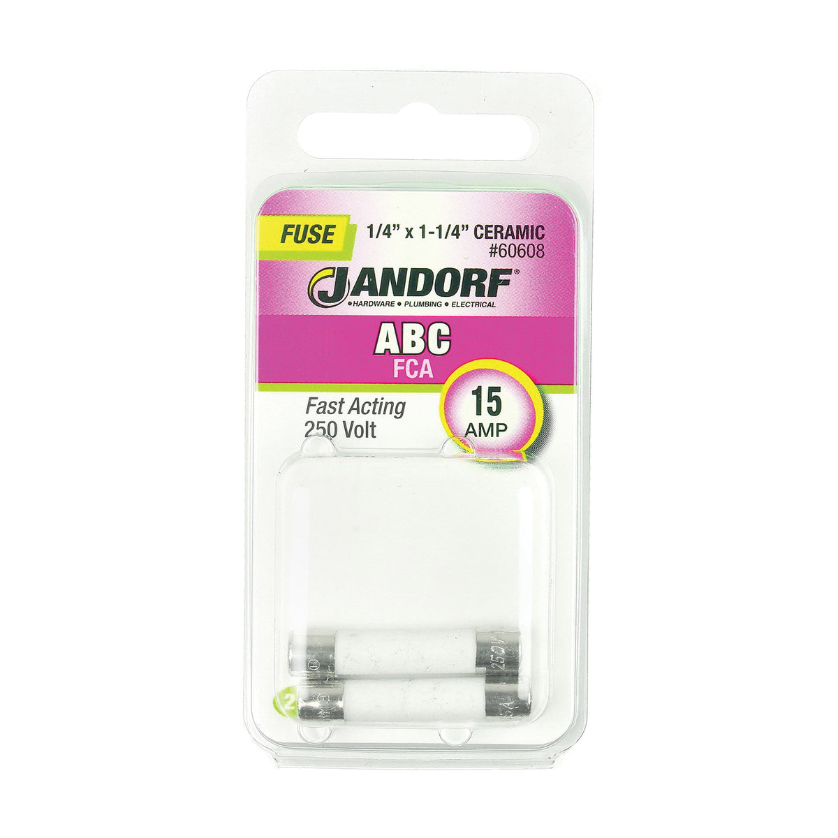 Jandorf 60608 Fast Acting Fuse, 15 A, 250 V, 750 A, 10 kA Interrupt, Ceramic Body