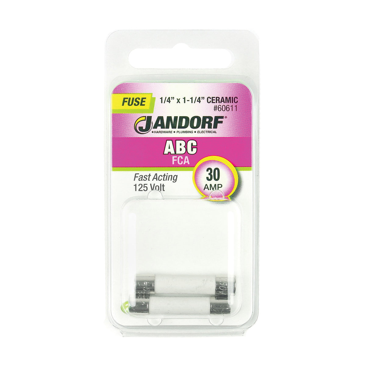 Jandorf 60611 Fast Acting Fuse, 30 A, 125 VDC, 200, 400, 1000 A Interrupt, Ceramic Body