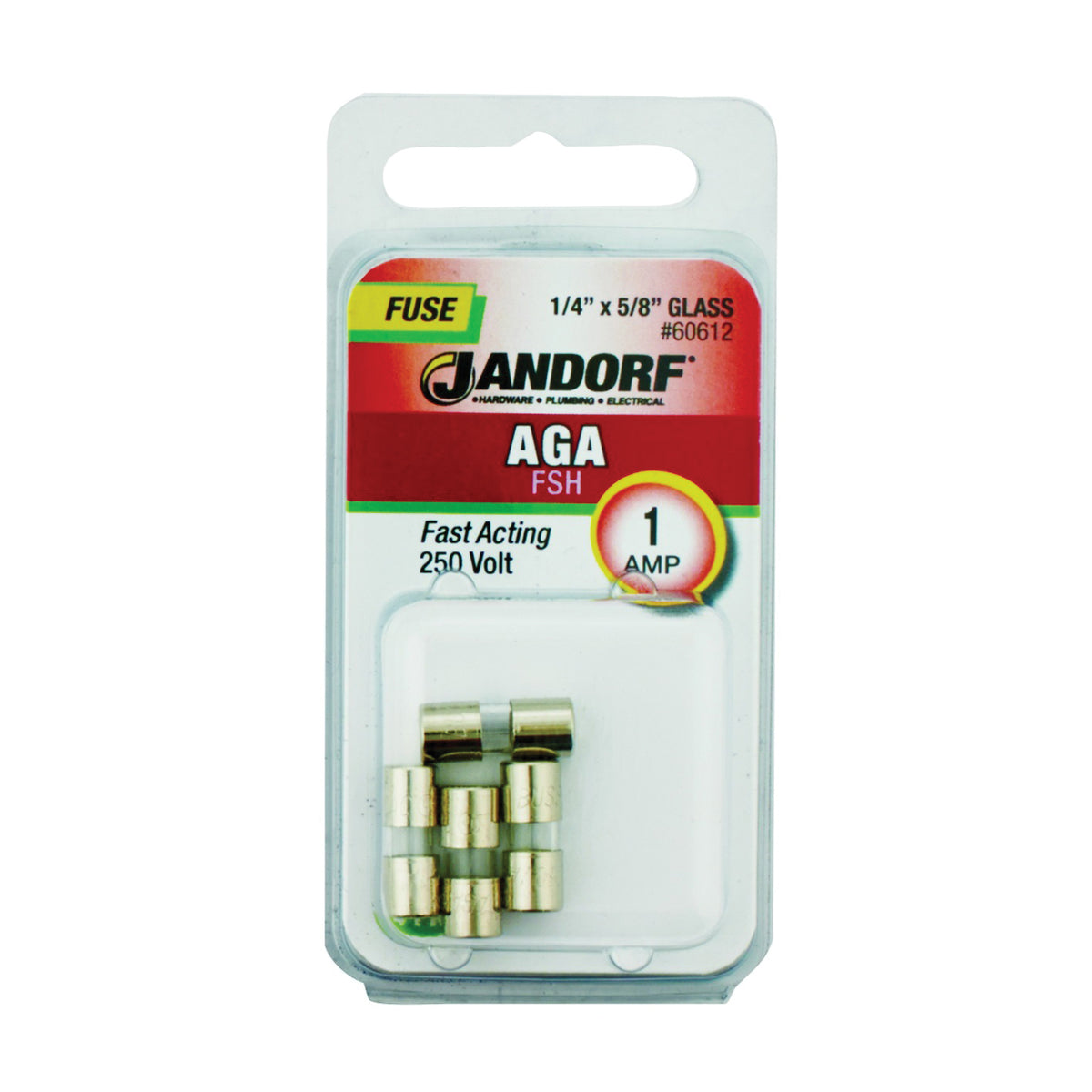 Jandorf 60612 Fast Acting Fuse, 1 A, 250 V, 35 A, 10 kA Interrupt, Glass Body