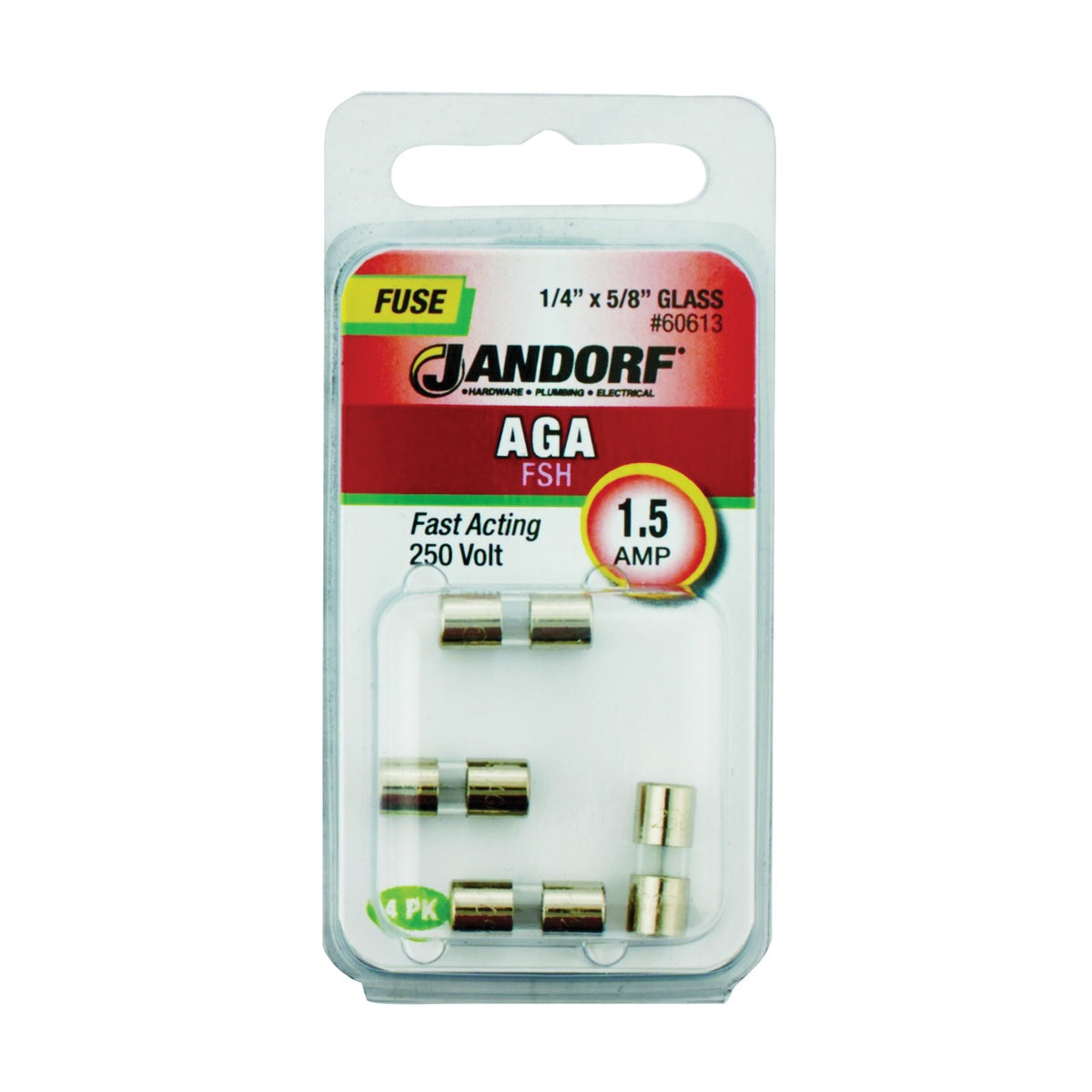 Jandorf 60613 Fast Acting Fuse, 1.5 A, 250 V, 100 A, 10 kA Interrupt, Glass Body