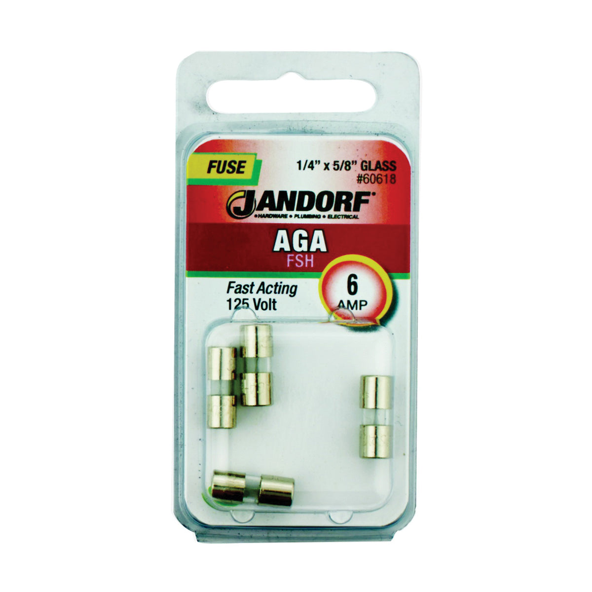 Jandorf 60618 Fast Acting Fuse, 6 A, 125 V, 1 kA Interrupt, Glass Body