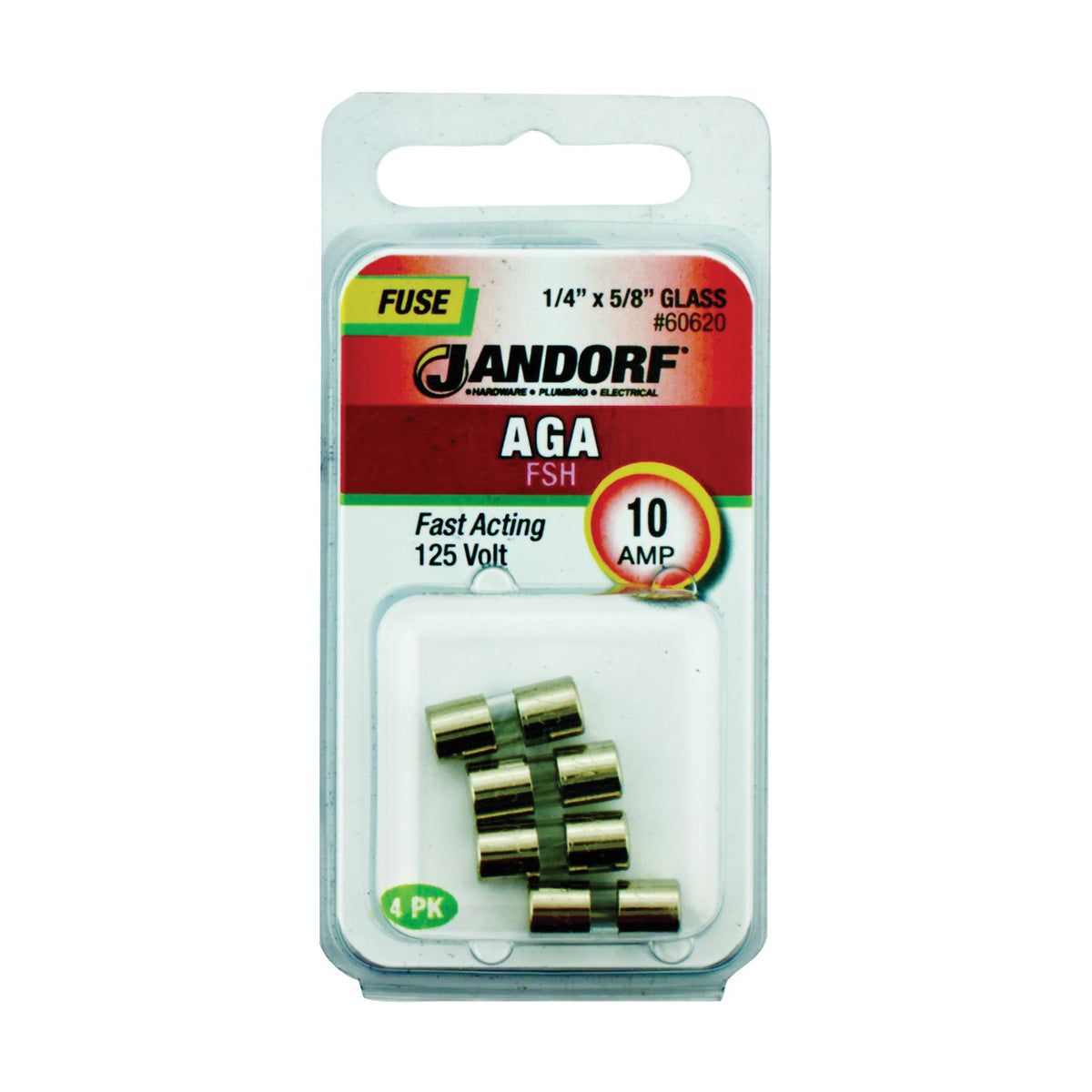 Jandorf 60620 Fast Acting Fuse, 10 A, 125 V, 1 kA Interrupt, Glass Body