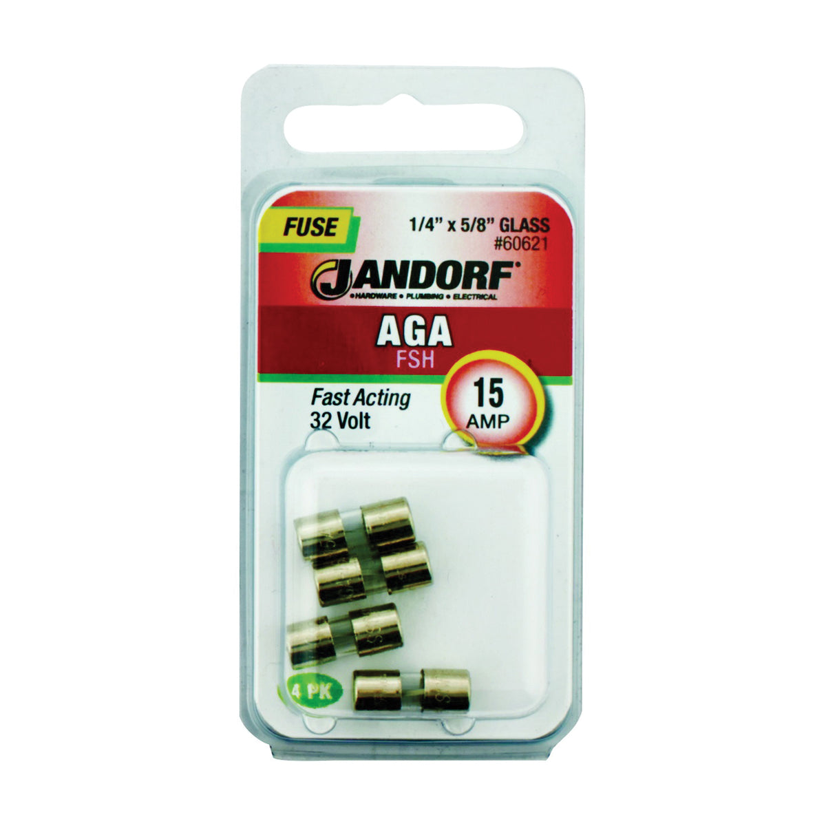 Jandorf 60621 Fast Acting Fuse, 15 A, 32 V, 1 kA Interrupt, Glass Body