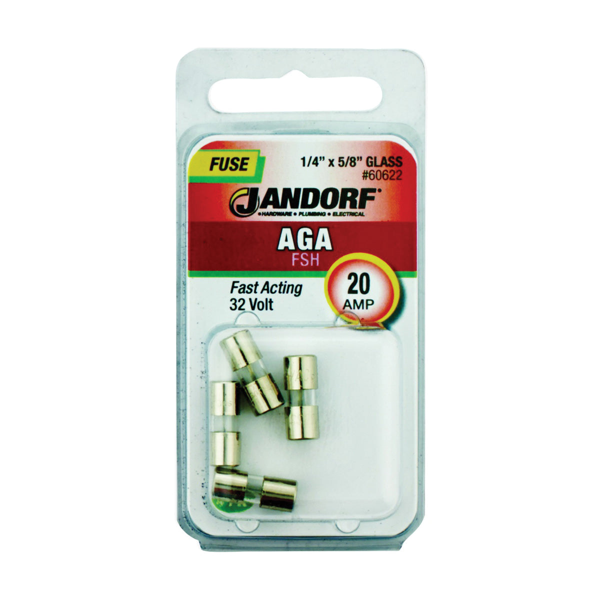 Jandorf 60622 Fast Acting Fuse, 20 A, 32 V, 1 kA Interrupt, Glass Body