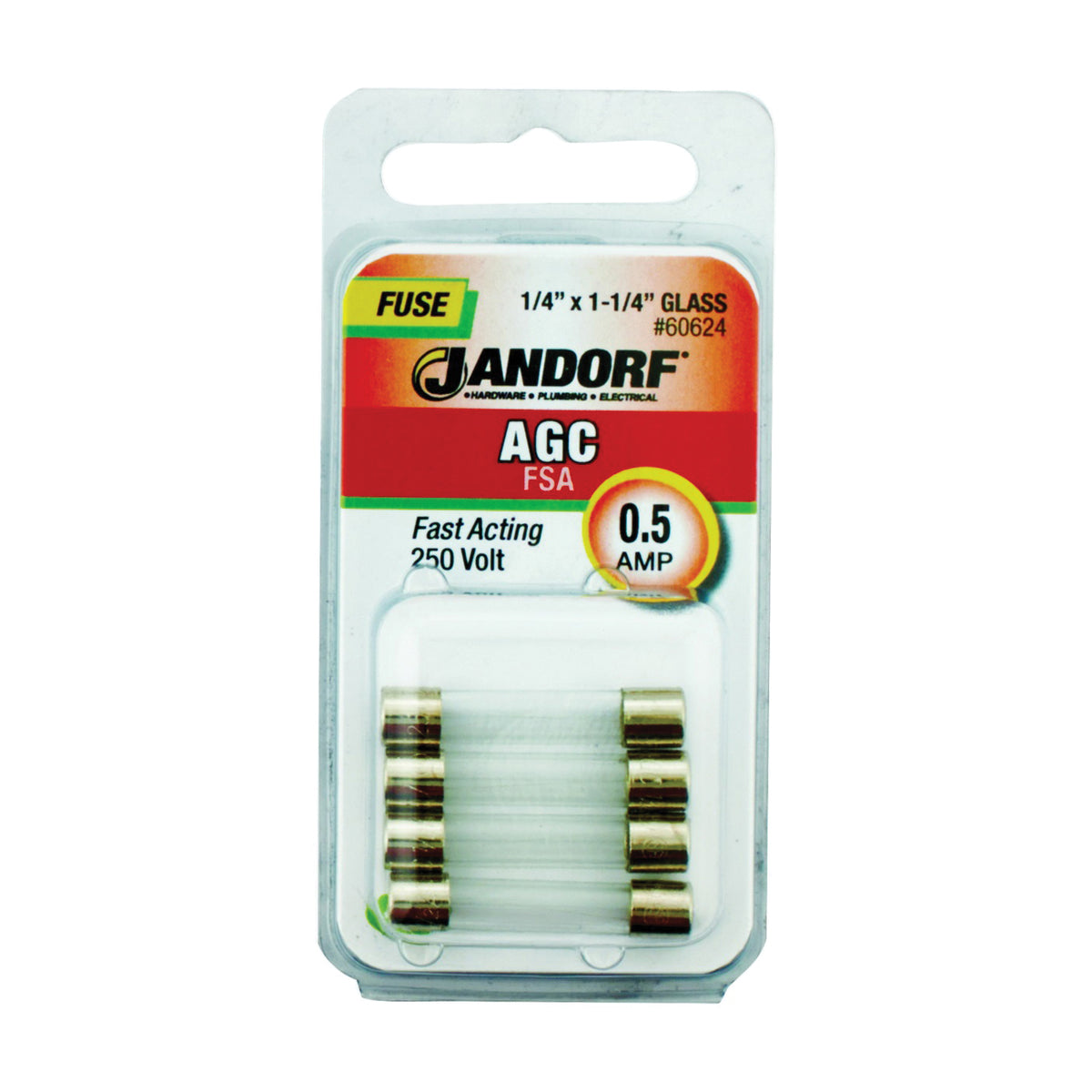 Jandorf 60624 Fast Acting Fuse, 0.5 A, 250 V, 35 A, 10 kA Interrupt, Glass Body