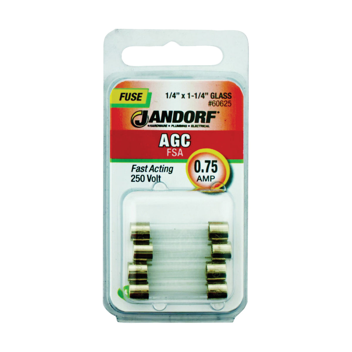 Jandorf 60625 Fast Acting Fuse, 0.75 A, 250 V, 35 A, 10 kA Interrupt, Glass Body