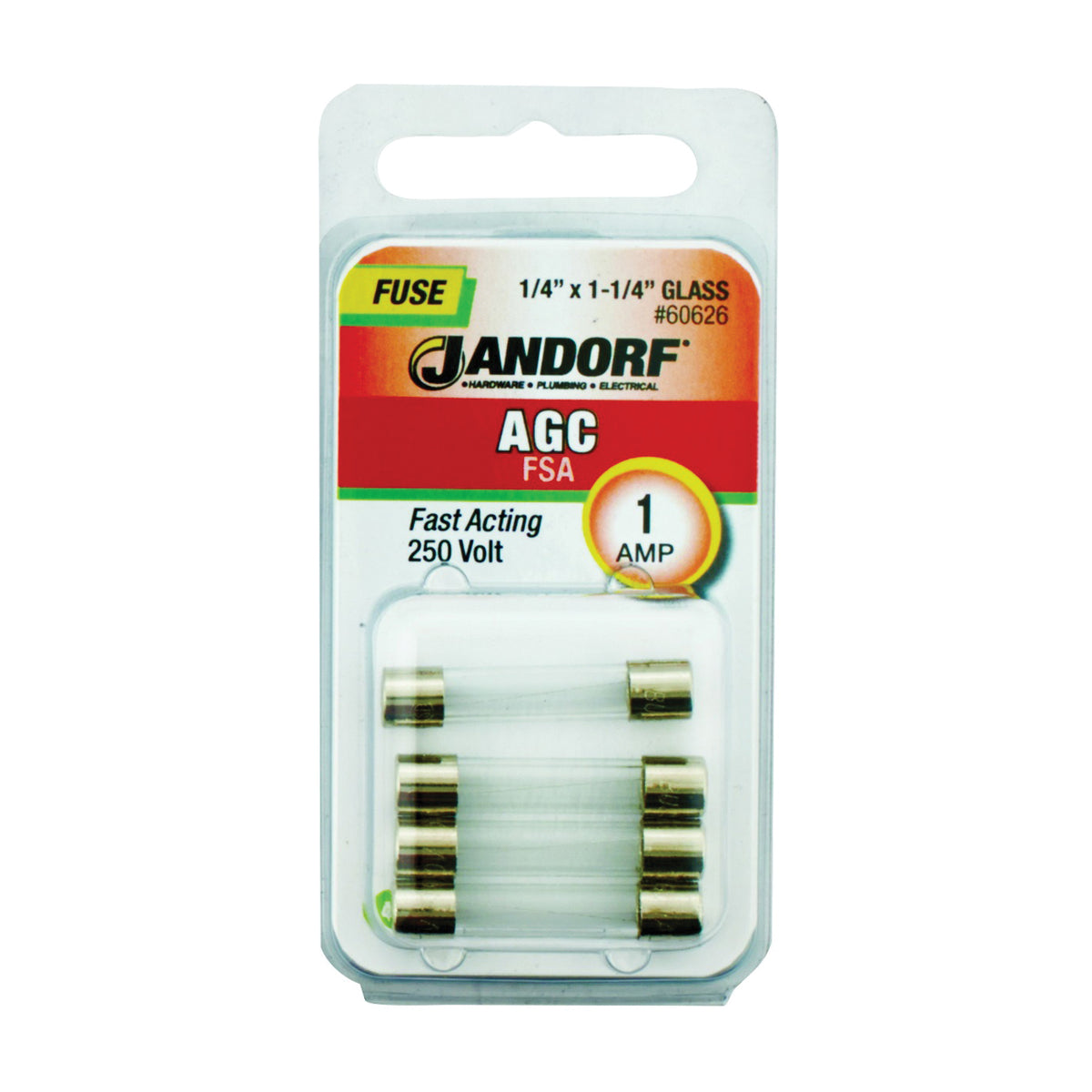 Jandorf 60626 Fast Acting Fuse, 1 A, 250 V, 35 A, 10 kA Interrupt, Glass Body