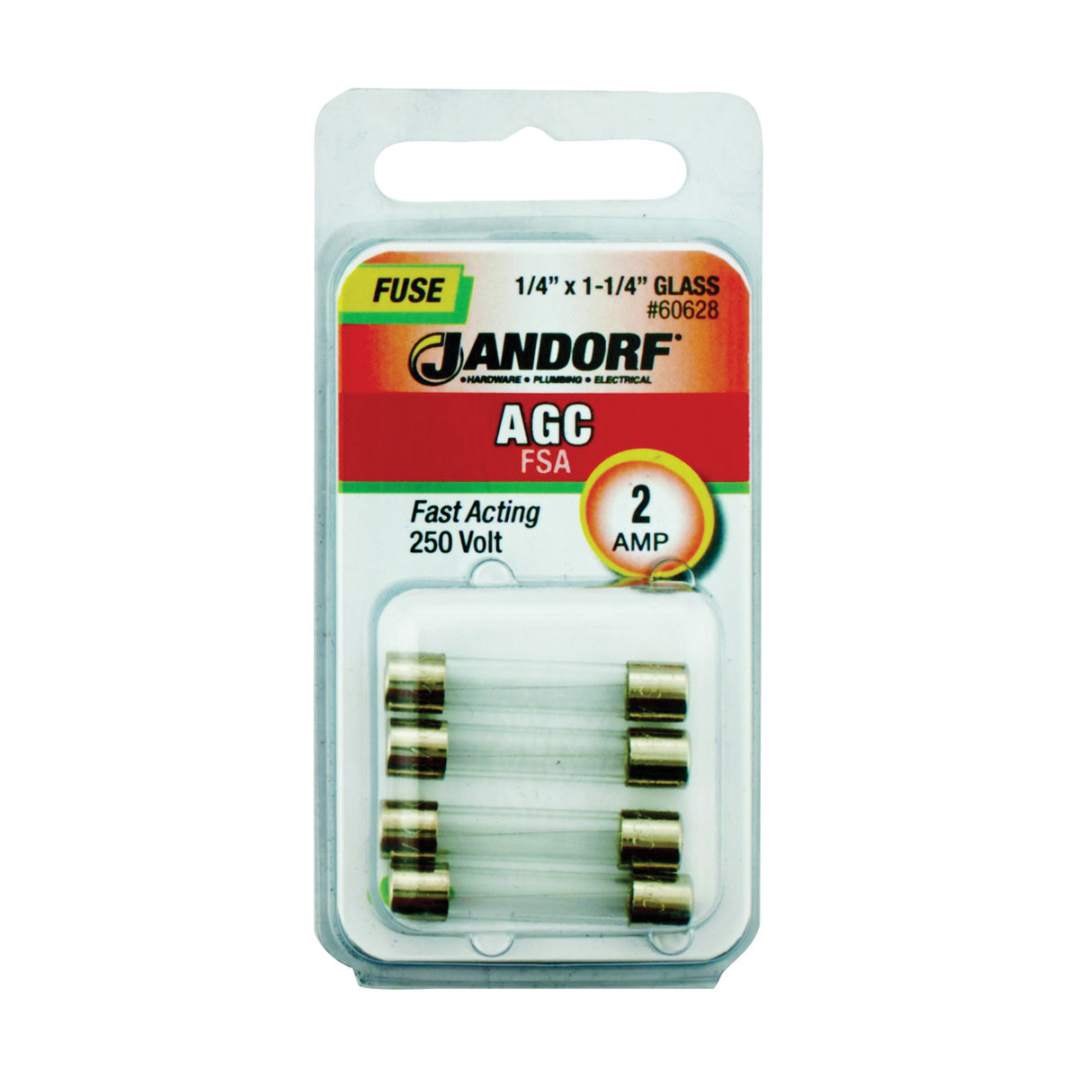 Jandorf 60628 Fast Acting Fuse, 2 A, 250 V, 100 A, 10 kA Interrupt, Glass Body