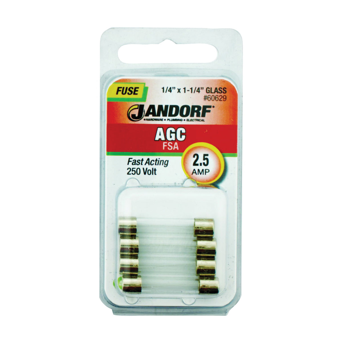 Jandorf 60629 Fast Acting Fuse, 2.5 A, 250 V, 100 A, 10 kA Interrupt, Glass Body
