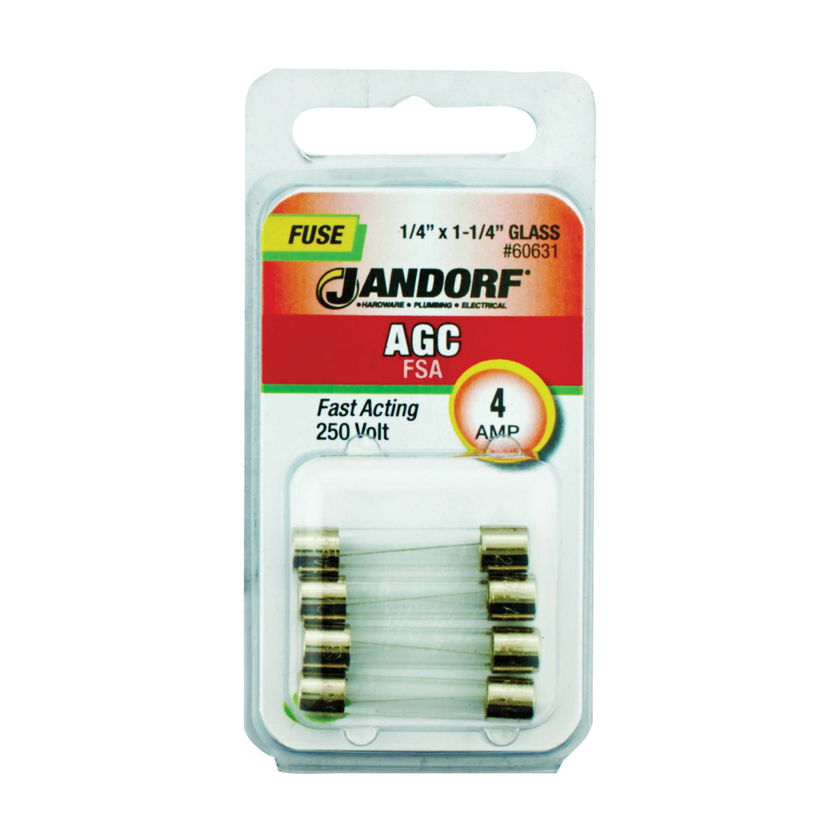 Jandorf 60631 Fast Acting Fuse, 4 A, 250 V, 200 A, 10 kA Interrupt, Glass Body