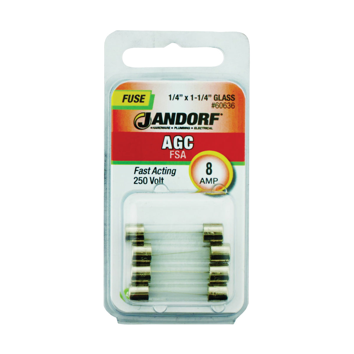 Jandorf 60636 Fast Acting Fuse, 8 A, 250 V, 200 A, 10 kA Interrupt, Glass Body