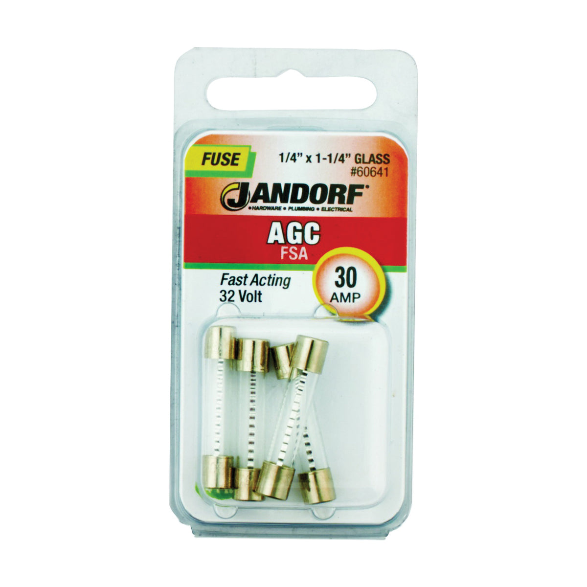 Jandorf 60641 Fast Acting Fuse, 30 A, 32 V, 1 kA Interrupt, Glass Body