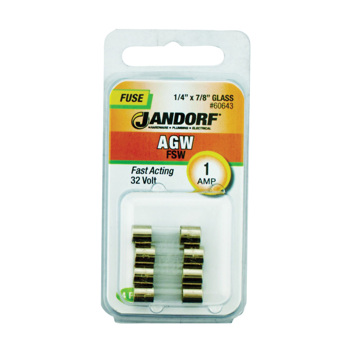 Jandorf 60643 Fast Acting Fuse, 1 A, 32 V, 10 kA Interrupt, Glass Body