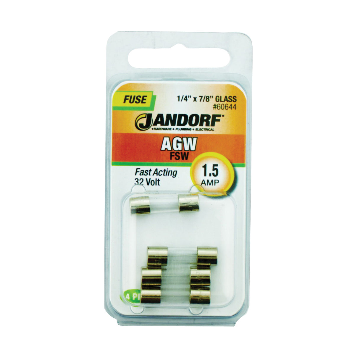 Jandorf 60644 Fast Acting Fuse, 1.5 A, 32 V, 10 kA Interrupt, Glass Body
