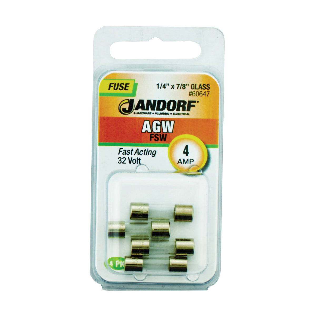 Jandorf 60647 Fast Acting Fuse, 4 A, 32 V, 10 kA Interrupt, Glass Body