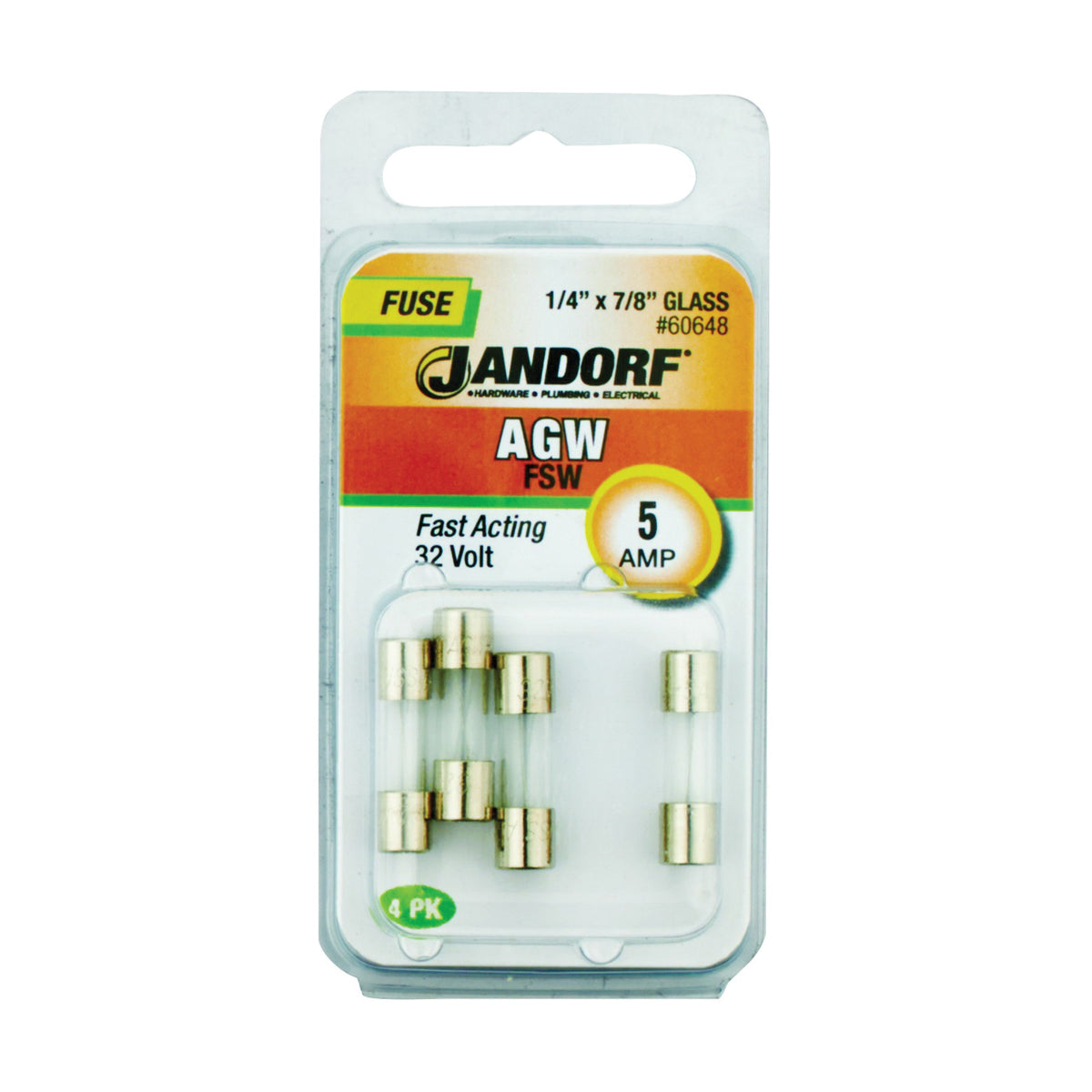 Jandorf 60648 Fast Acting Fuse, 5 A, 32 V, 10 kA Interrupt, Glass Body