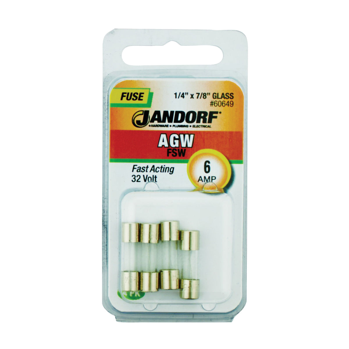 Jandorf 60649 Fast Acting Fuse, 6 A, 32 V, 10 kA Interrupt, Glass Body