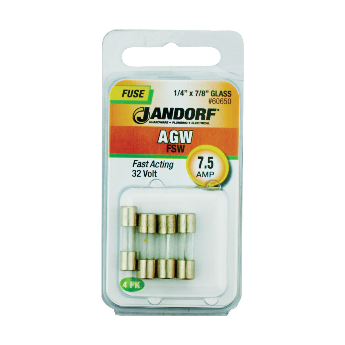 Jandorf 60650 Fast Acting Fuse, 7.5 A, 32 V, 10 kA Interrupt, Glass Body