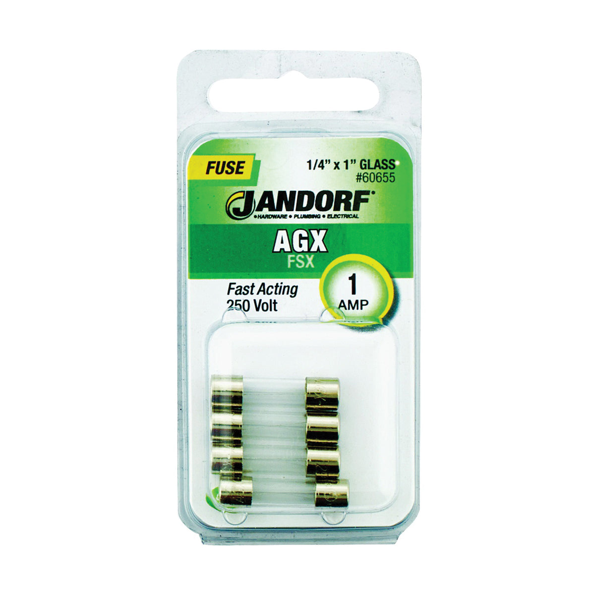 Jandorf 60655 Fast Acting Fuse, 1 A, 250 V, 35 A, 10 kA Interrupt, Glass Body