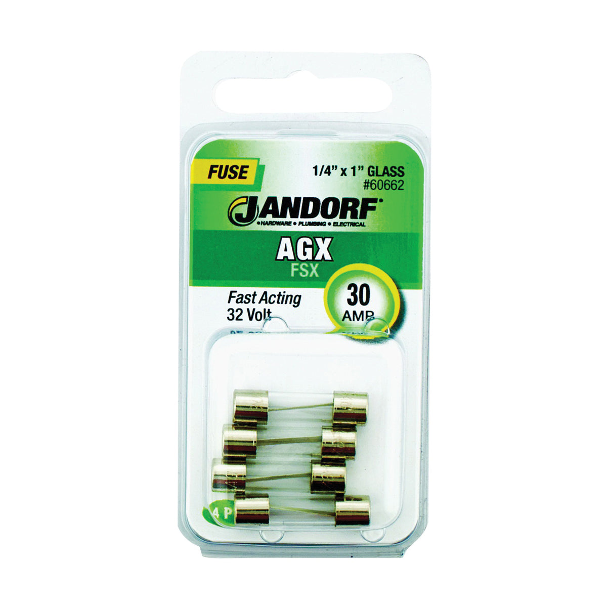 Jandorf 60662 Fast Acting Fuse, 30 A, 32 V, 100, 1000 A Interrupt, Glass Body