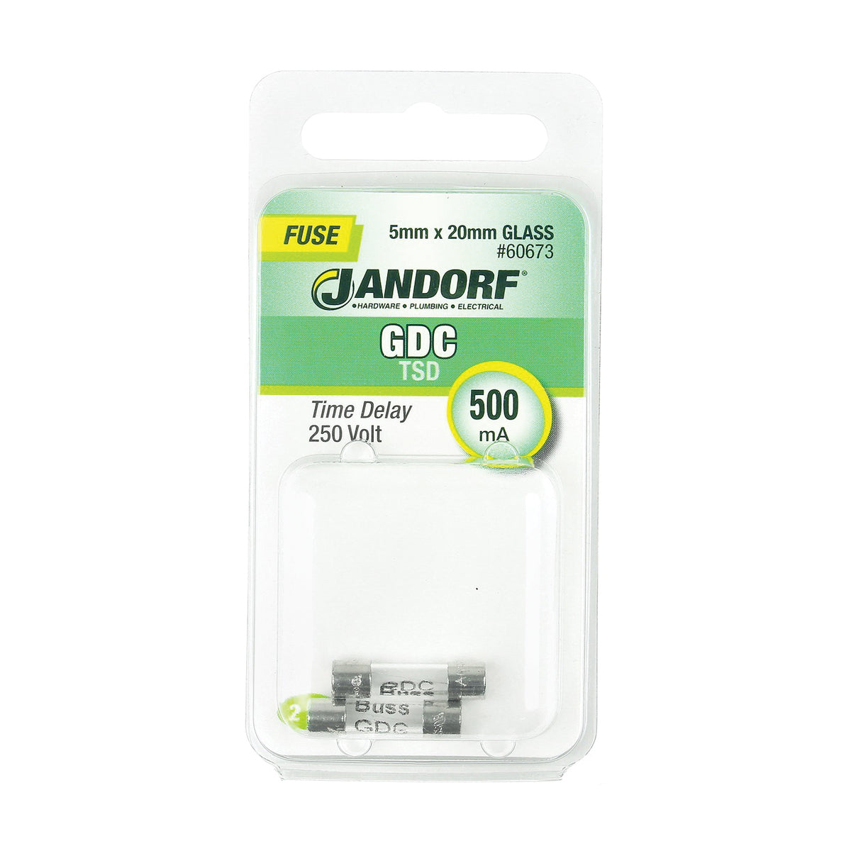 Jandorf 60673 Time Delay Fuse, 500 mA, 250 V, 35 A Interrupt, Glass Body