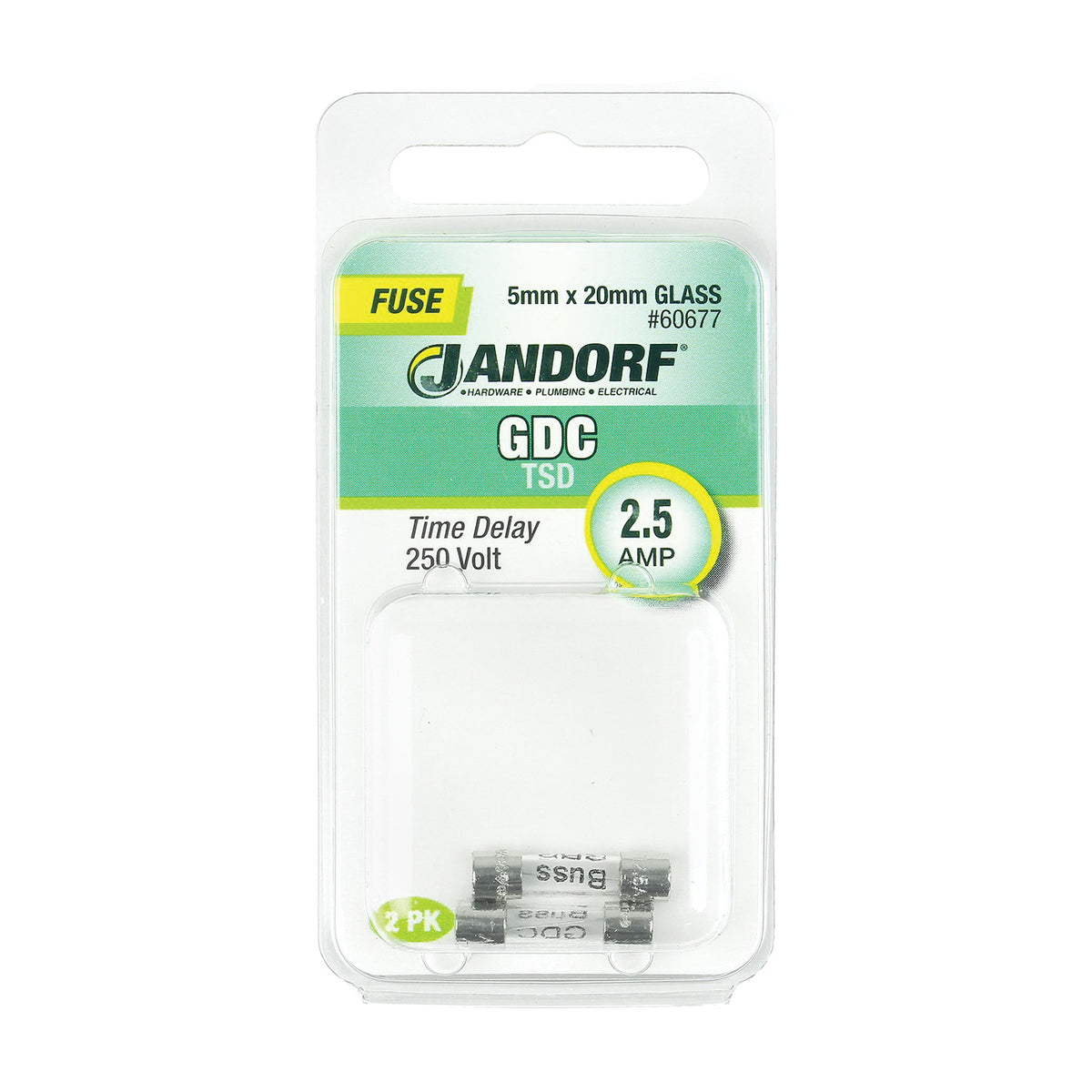 Jandorf 60677 Time Delay Fuse, 2.5 A, 250 V, 35 A Interrupt, Glass Body