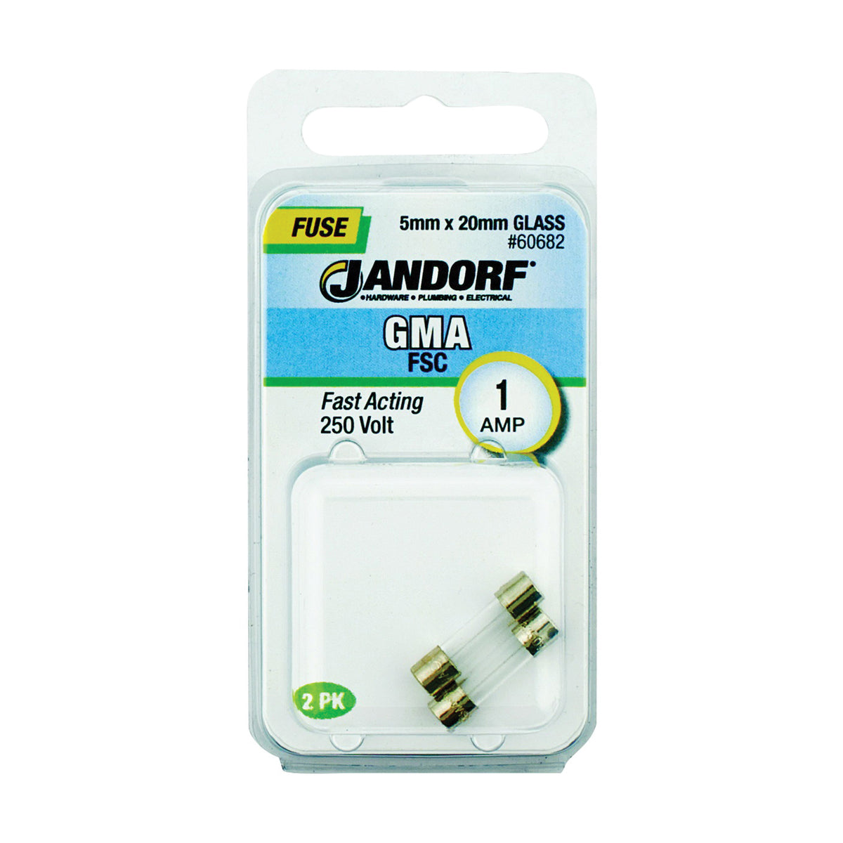 Jandorf 60682 Fast Acting Fuse, 1 A, 250 V, 35 A, 10 kA Interrupt, Glass Body