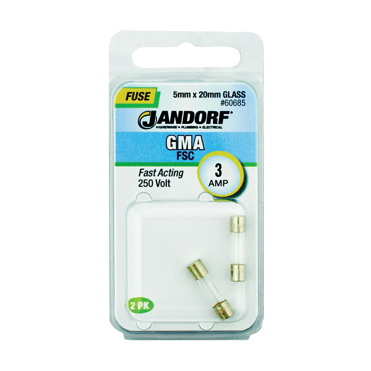 Jandorf 60685 Fast Acting Fuse, 3 A, 250 V, 100 A, 10 kA Interrupt, Glass Body